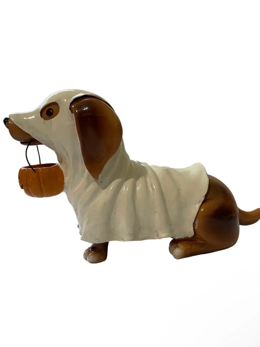 Halloween Dachshund Ceramic Figurine Holding A Pumpkin Candy Bucket - NWT **